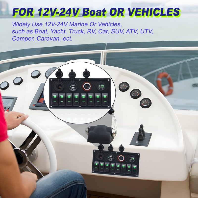 Geloo 8 Gang Marine Rocker Switch Panel, Boat Switch Panel Waterproof, 12V Switch Panel Toggle Switches Panel with LED Circuit Breaker 3.1A USB Charger Voltmeter ON/Off for Car Rvs Vehicles (Green - Image 2
